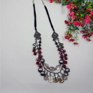 Vintage Y2K Genuine Crystal Multi Strand Silver and Red Statement Necklace